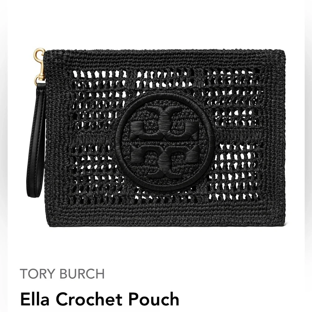 Tory Burch Ella Crochet Pouch. Black/Gold.